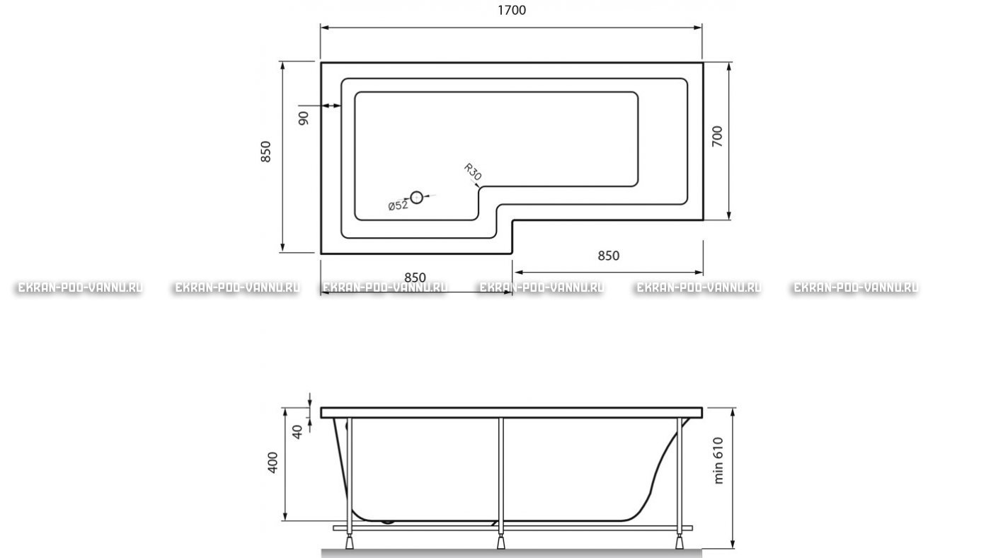 Акриловая ванна Vayer Options 170х70/85 – купить по цене 24110 руб. в интернет-магазине в городе Набережные Челны картинка 13